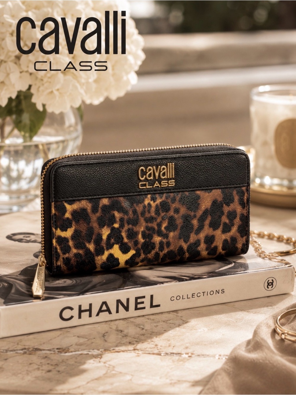 Cavalli Class Leopard Print Zip Around Wallet Black Pebbled Leather Animal Print - Picture 2 of 10